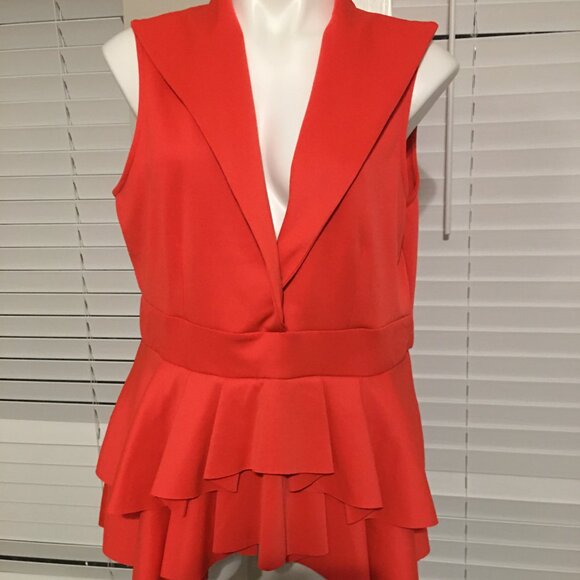 Venus Bright Orange Peplum Sexy Top W/ Ruffles Size Large  Hal1 - Picture 3 of 4